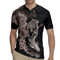 Hawaiian Tropical Plants Turtle and Shark Rugby Jersey Polynesian Art Tattoo Grayscale Color LT03 - Polynesian Pride