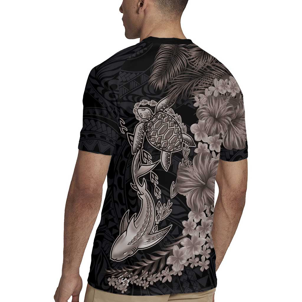 Hawaiian Tropical Plants Turtle and Shark Rugby Jersey Polynesian Art Tattoo Grayscale Color LT03 - Polynesian Pride