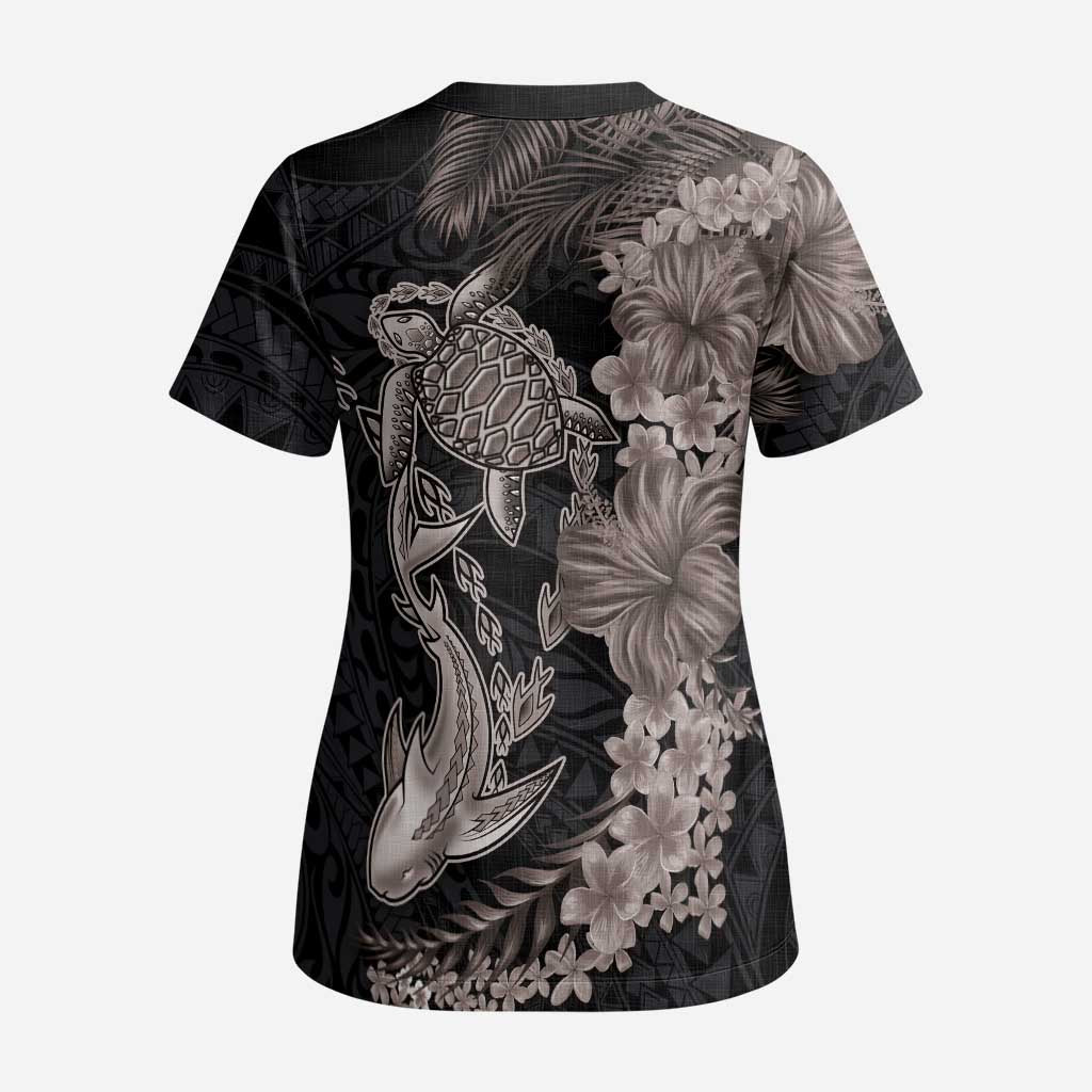 Hawaiian Tropical Plants Turtle and Shark Scrub Top Polynesian Art Tattoo Grayscale Color - Polynesian Pride