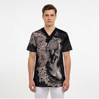 Hawaiian Tropical Plants Turtle and Shark Scrub Top Polynesian Art Tattoo Grayscale Color - Polynesian Pride