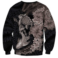 Hawaiian Tropical Plants Turtle and Shark Sweatshirt Polynesian Art Tattoo Grayscale Color LT03 - Polynesian Pride