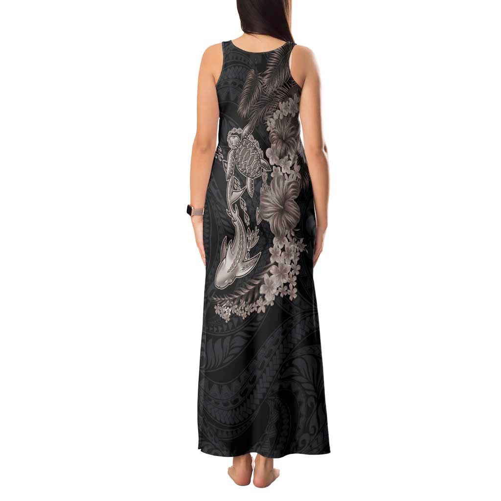 Hawaiian Tropical Plants Turtle and Shark Tank Maxi Dress Polynesian Art Tattoo Grayscale Color