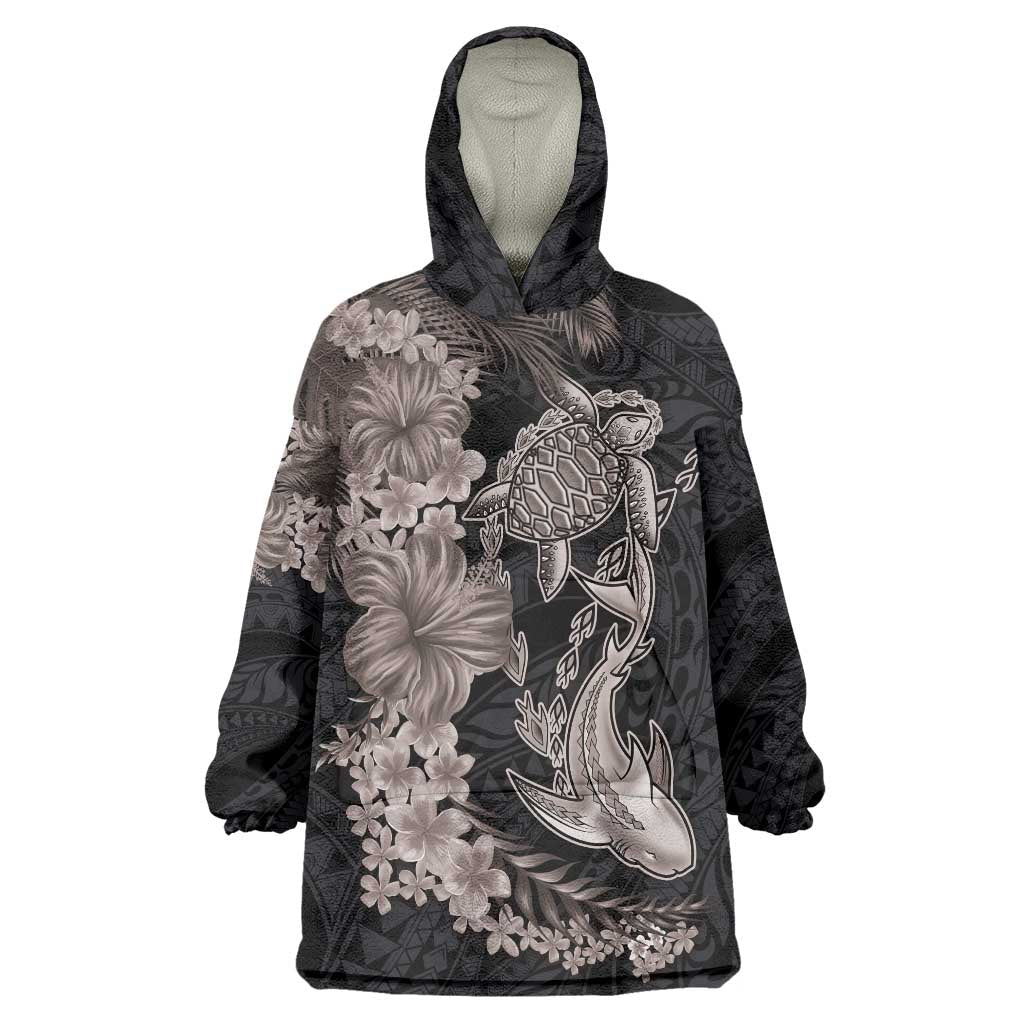 Hawaiian Tropical Plants Turtle and Shark Wearable Blanket Hoodie Polynesian Art Tattoo Grayscale Color LT03 One Size Black - Polynesian Pride