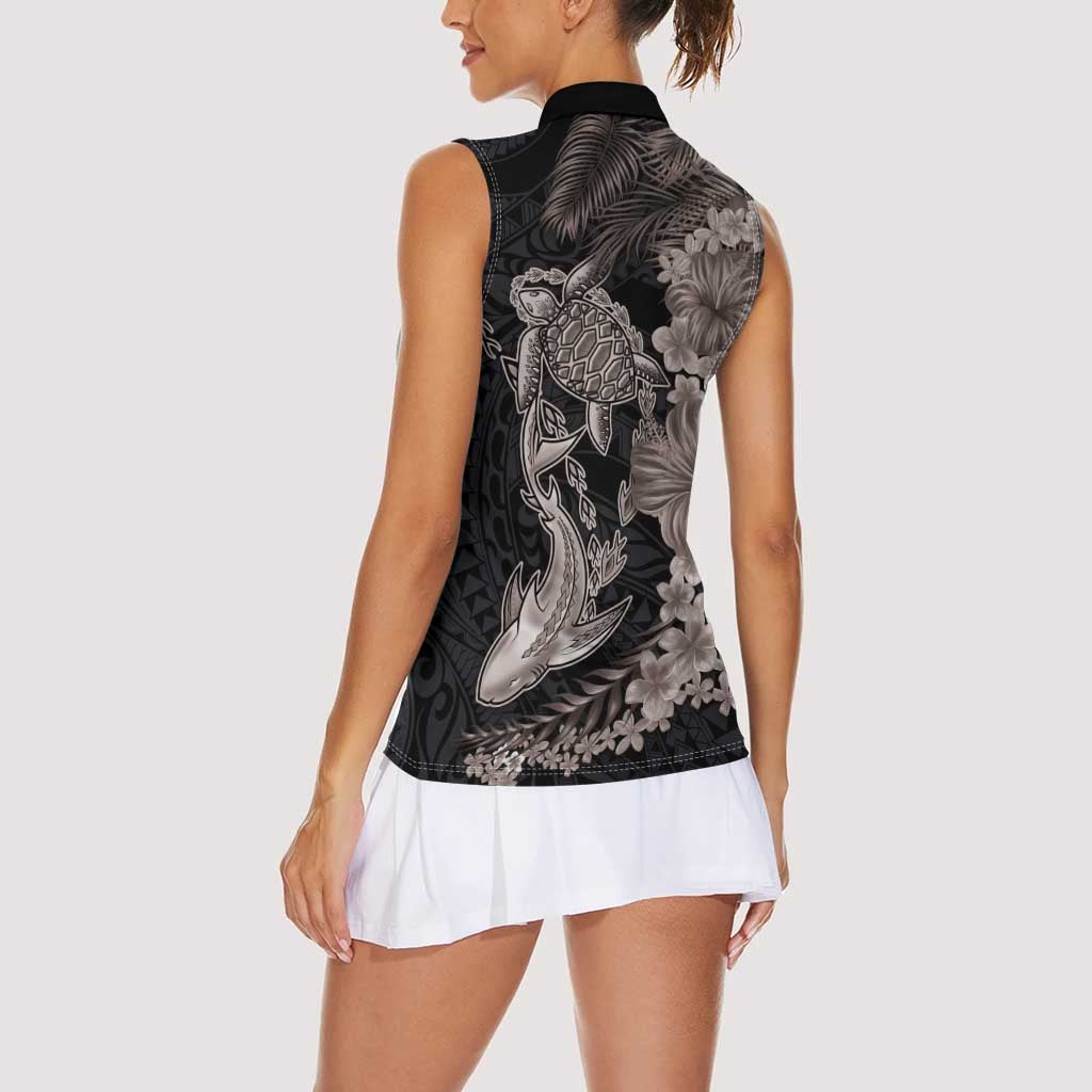 Hawaiian Tropical Plants Turtle and Shark Women Sleeveless Polo Shirt Polynesian Art Tattoo Grayscale Color