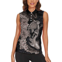 Hawaiian Tropical Plants Turtle and Shark Women Sleeveless Polo Shirt Polynesian Art Tattoo Grayscale Color