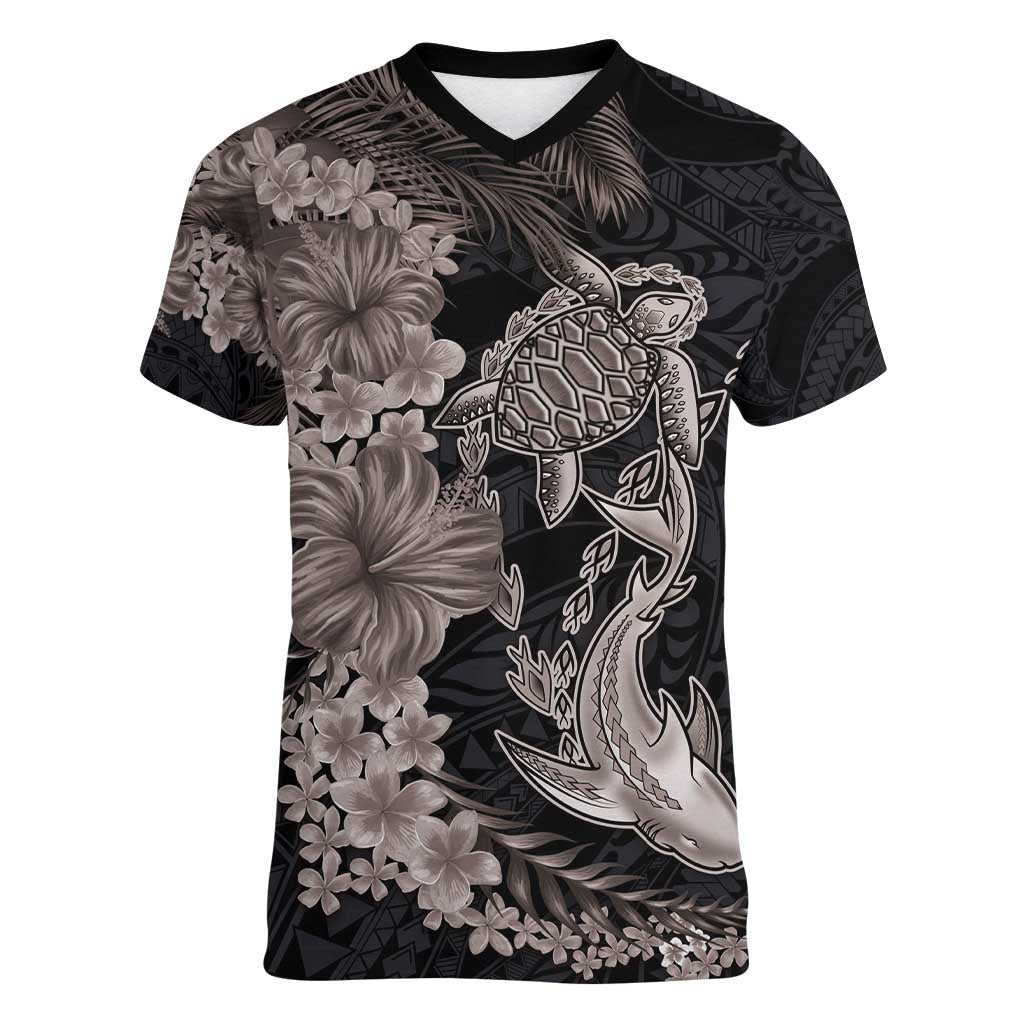 Hawaiian Tropical Plants Turtle and Shark Women V-Neck T-Shirt Polynesian Art Tattoo Grayscale Color