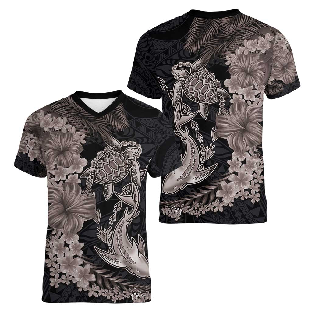 Hawaiian Tropical Plants Turtle and Shark Women V-Neck T-Shirt Polynesian Art Tattoo Grayscale Color