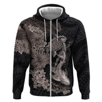 Hawaiian Tropical Plants Turtle and Shark Zip Hoodie Polynesian Art Tattoo Grayscale Color