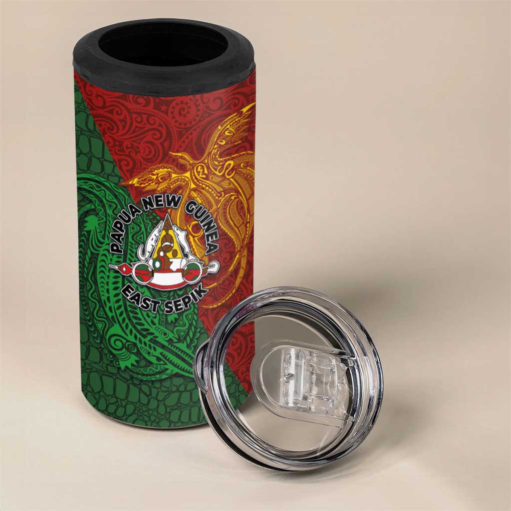 Papua New Guinea East Sepik Province 4 in 1 Can Cooler Tumbler Tribal Crocodile Birds of Paradise Melanesian Tattoo