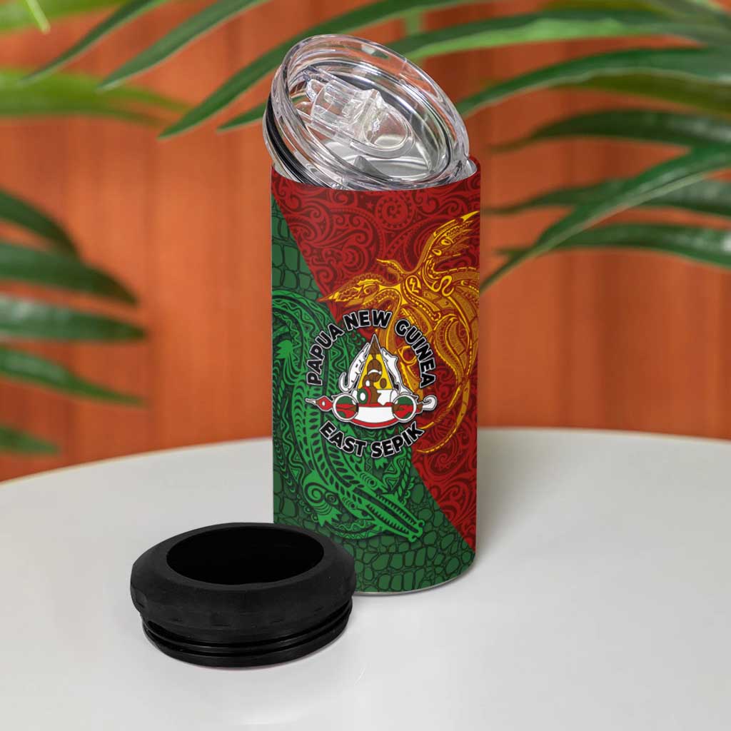 Papua New Guinea East Sepik Province 4 in 1 Can Cooler Tumbler Tribal Crocodile Birds of Paradise Melanesian Tattoo