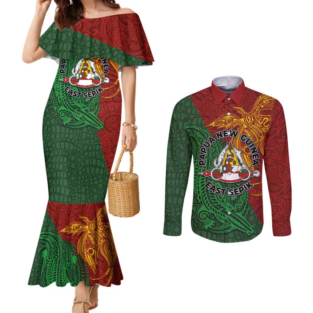 Papua New Guinea East Sepik Province Couples Matching Mermaid Dress and Long Sleeve Button Shirt Tribal Crocodile Birds of Paradise Melanesian Tattoo
