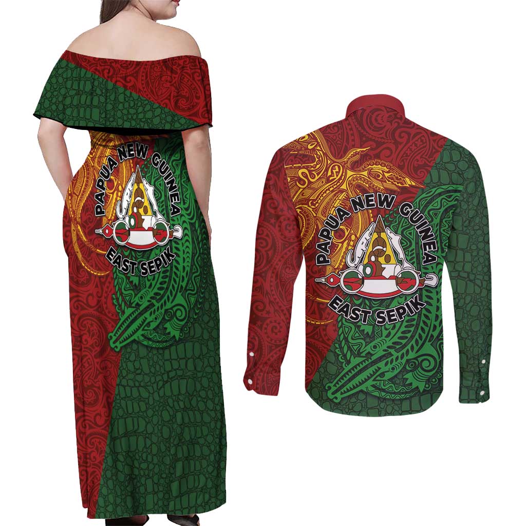 Papua New Guinea East Sepik Province Couples Matching Off Shoulder Maxi Dress and Long Sleeve Button Shirt Tribal Crocodile Birds of Paradise Melanesian Tattoo