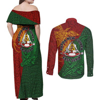 Papua New Guinea East Sepik Province Couples Matching Off Shoulder Maxi Dress and Long Sleeve Button Shirt Tribal Crocodile Birds of Paradise Melanesian Tattoo