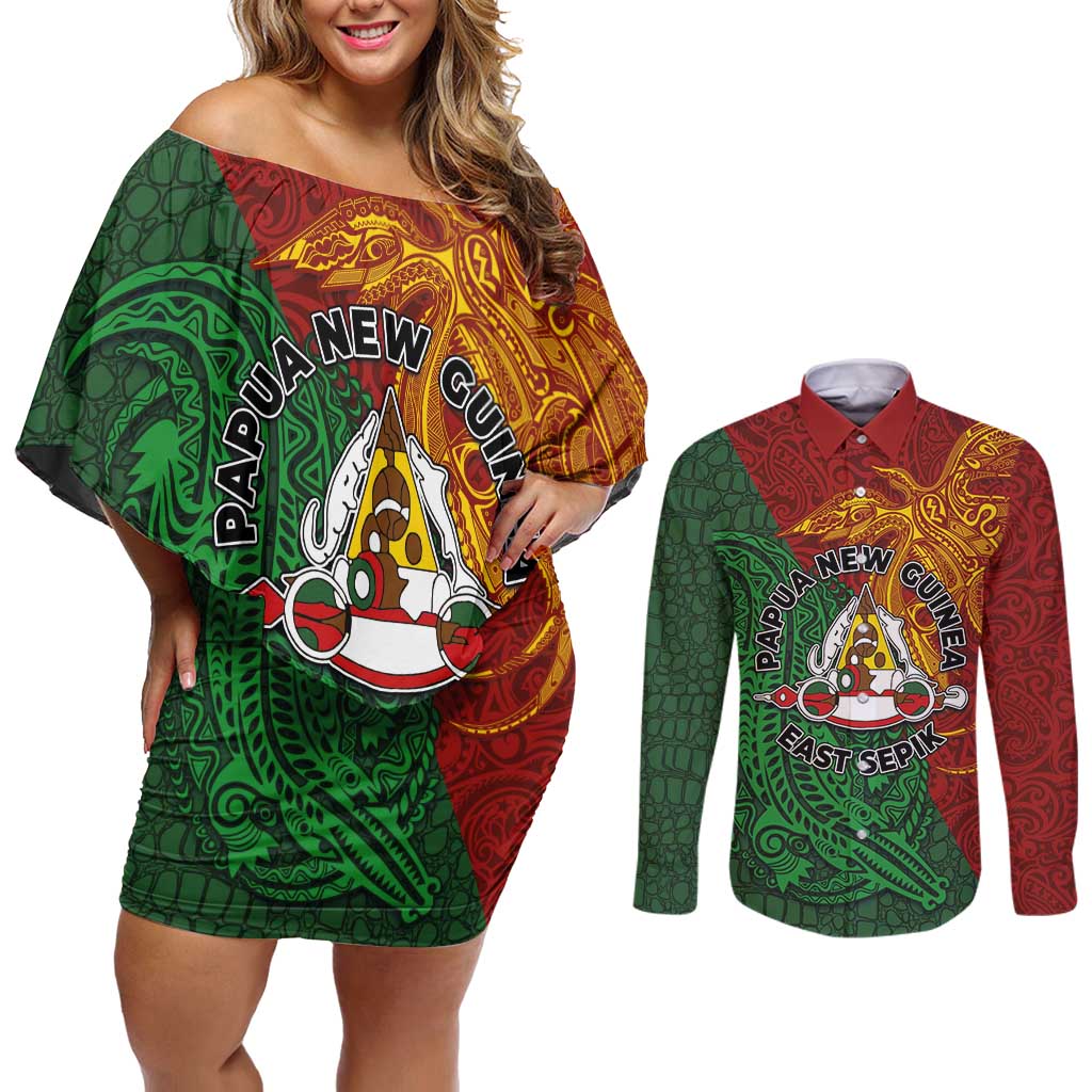 Papua New Guinea East Sepik Province Couples Matching Off Shoulder Short Dress and Long Sleeve Button Shirt Tribal Crocodile Birds of Paradise Melanesian Tattoo LT03 Green - Polynesian Pride