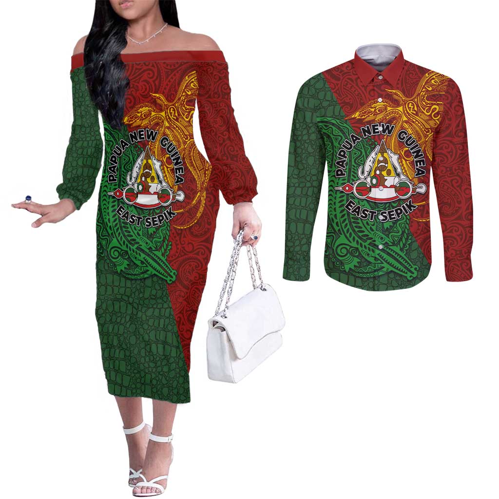 Papua New Guinea East Sepik Province Couples Matching Off The Shoulder Long Sleeve Dress and Long Sleeve Button Shirt Tribal Crocodile Birds of Paradise Melanesian Tattoo