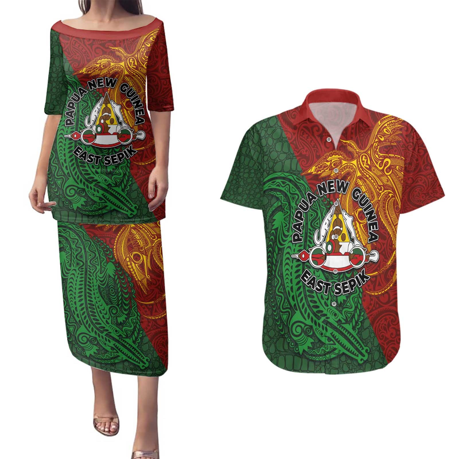 Papua New Guinea East Sepik Province Couples Matching Puletasi and Hawaiian Shirt Tribal Crocodile Birds of Paradise Melanesian Tattoo LT03 Green - Polynesian Pride