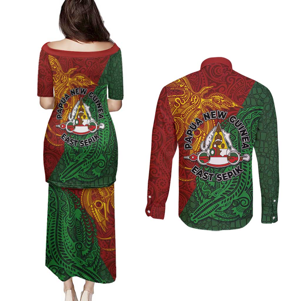Papua New Guinea East Sepik Province Couples Matching Puletasi and Long Sleeve Button Shirt Tribal Crocodile Birds of Paradise Melanesian Tattoo