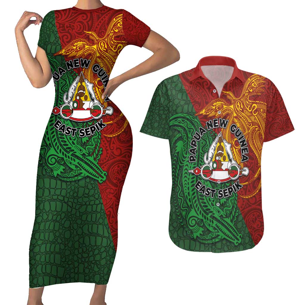 Papua New Guinea East Sepik Province Couples Matching Short Sleeve Bodycon Dress and Hawaiian Shirt Tribal Crocodile Birds of Paradise Melanesian Tattoo LT03 Green - Polynesian Pride