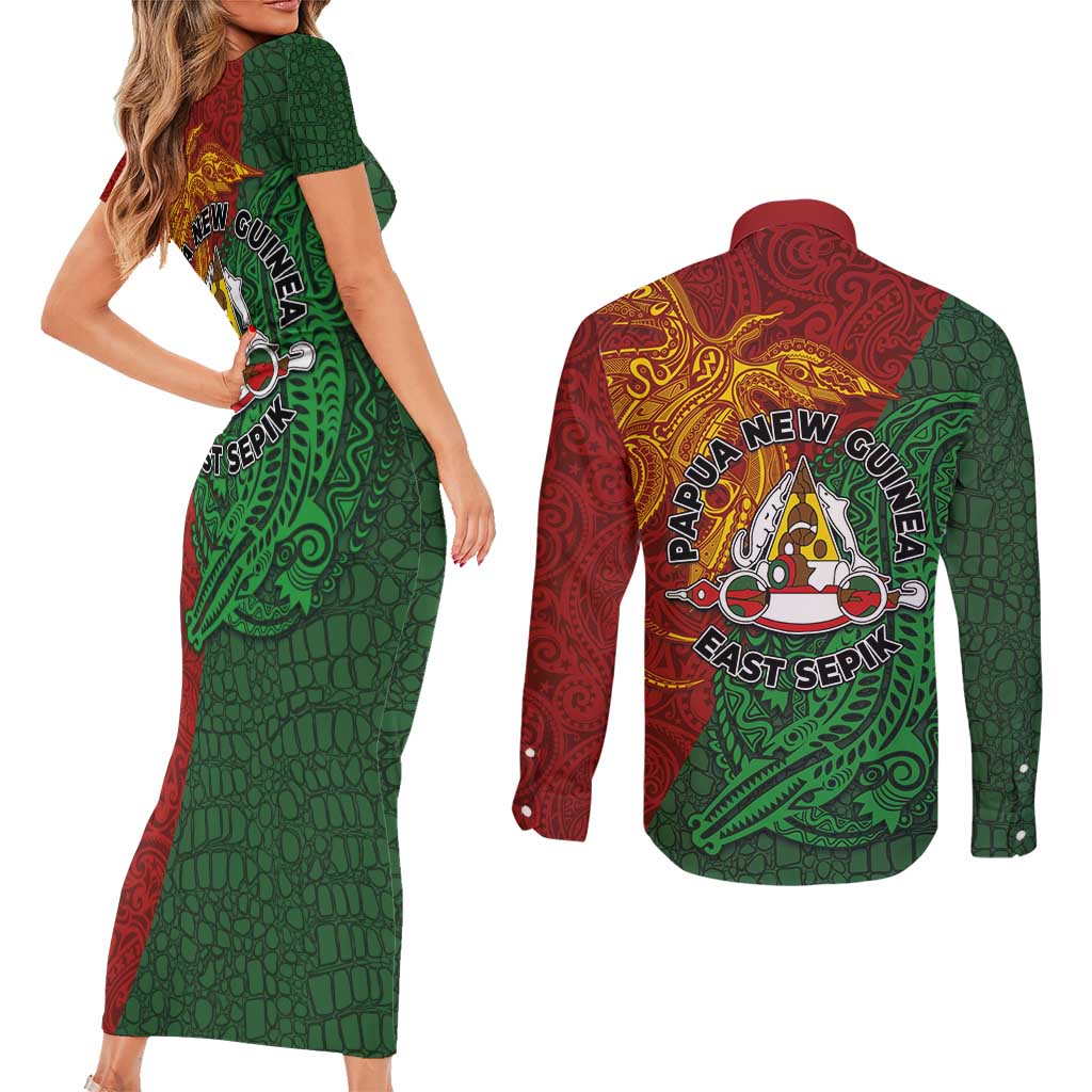 Papua New Guinea East Sepik Province Couples Matching Short Sleeve Bodycon Dress and Long Sleeve Button Shirt Tribal Crocodile Birds of Paradise Melanesian Tattoo