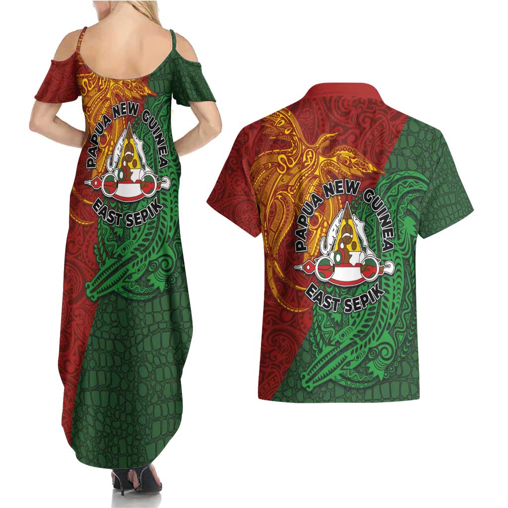 Papua New Guinea East Sepik Province Couples Matching Summer Maxi Dress and Hawaiian Shirt Tribal Crocodile Birds of Paradise Melanesian Tattoo