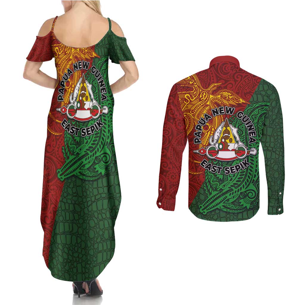 Papua New Guinea East Sepik Province Couples Matching Summer Maxi Dress and Long Sleeve Button Shirt Tribal Crocodile Birds of Paradise Melanesian Tattoo