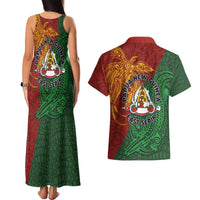 Papua New Guinea East Sepik Province Couples Matching Tank Maxi Dress and Hawaiian Shirt Tribal Crocodile Birds of Paradise Melanesian Tattoo