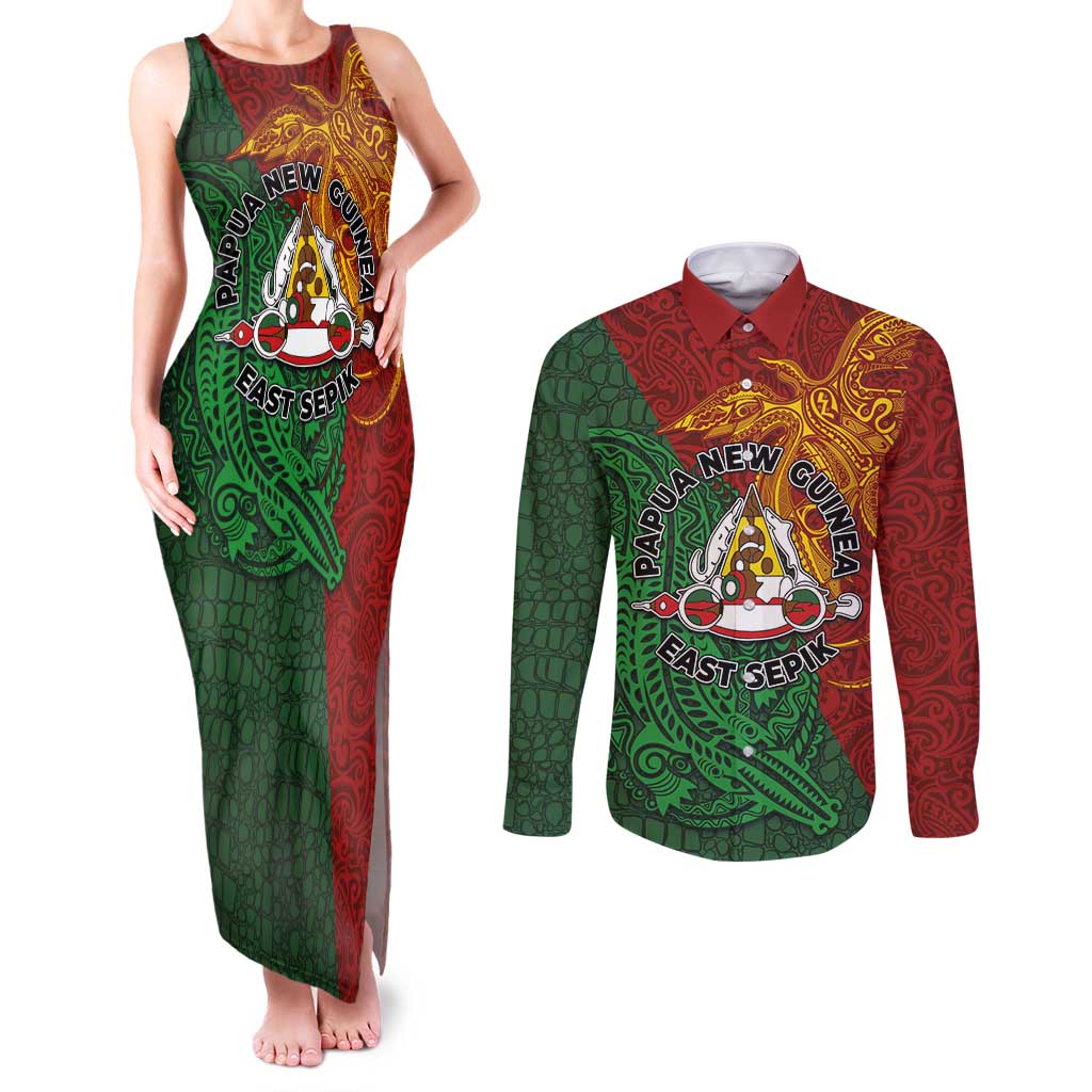 Papua New Guinea East Sepik Province Couples Matching Tank Maxi Dress and Long Sleeve Button Shirt Tribal Crocodile Birds of Paradise Melanesian Tattoo