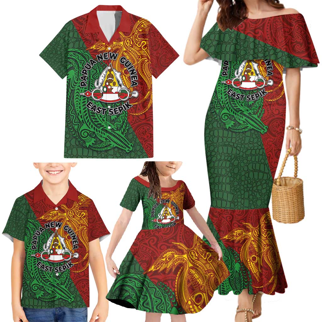Papua New Guinea East Sepik Province Family Matching Mermaid Dress and Hawaiian Shirt Tribal Crocodile Birds of Paradise Melanesian Tattoo