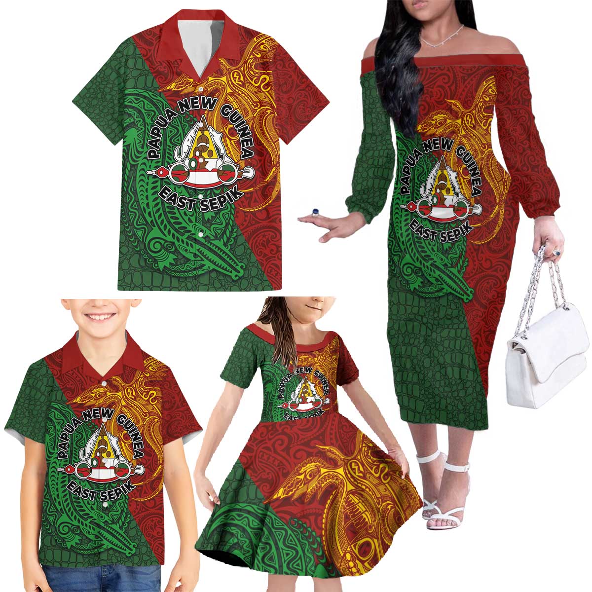 Papua New Guinea East Sepik Province Family Matching Off The Shoulder Long Sleeve Dress and Hawaiian Shirt Tribal Crocodile Birds of Paradise Melanesian Tattoo LT03 - Polynesian Pride