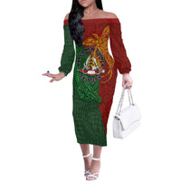 Papua New Guinea East Sepik Province Family Matching Off The Shoulder Long Sleeve Dress and Hawaiian Shirt Tribal Crocodile Birds of Paradise Melanesian Tattoo