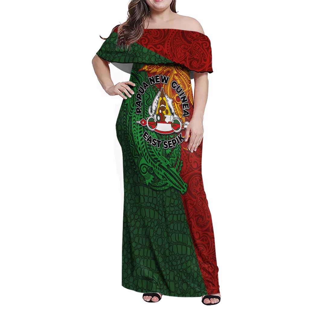 Papua New Guinea East Sepik Province Family Matching Off Shoulder Maxi Dress and Hawaiian Shirt Tribal Crocodile Birds of Paradise Melanesian Tattoo