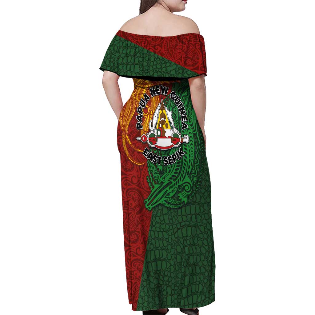 Papua New Guinea East Sepik Province Family Matching Off Shoulder Maxi Dress and Hawaiian Shirt Tribal Crocodile Birds of Paradise Melanesian Tattoo