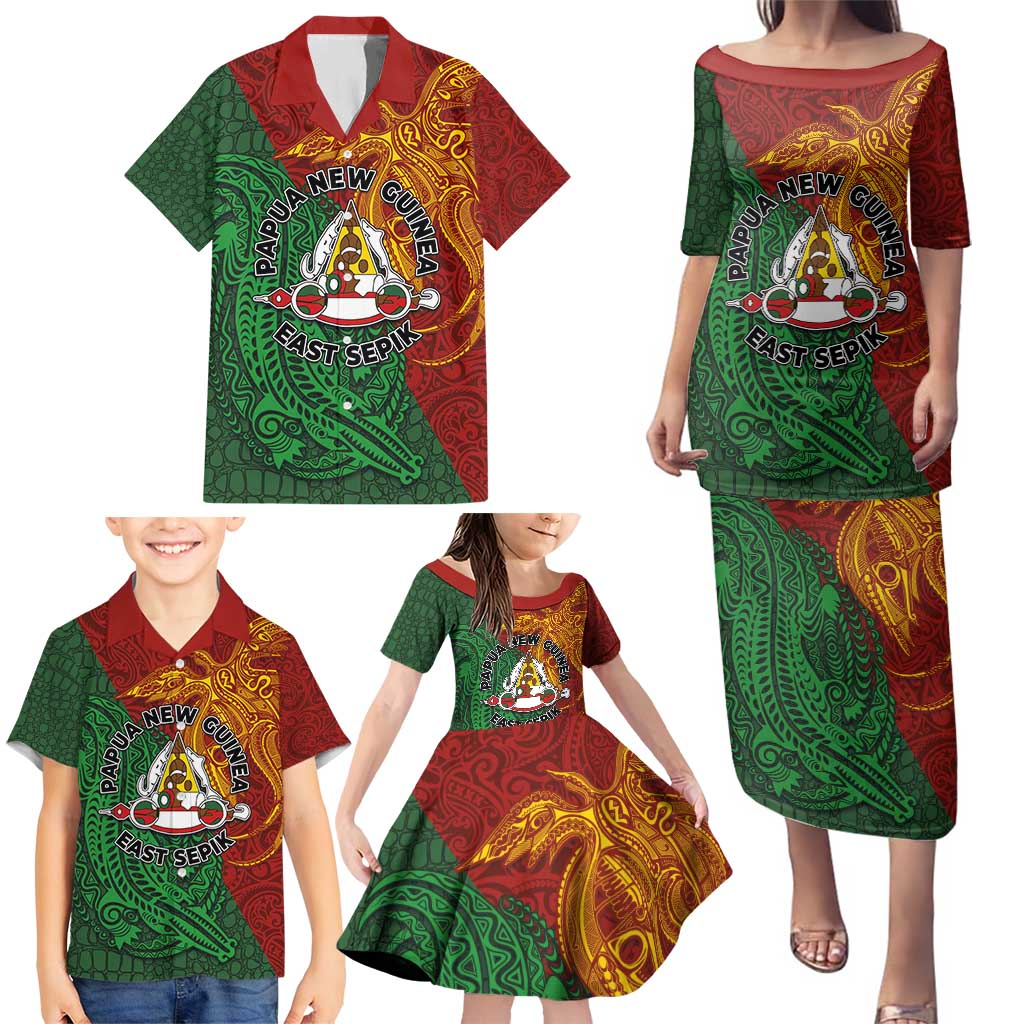 Papua New Guinea East Sepik Province Family Matching Puletasi and Hawaiian Shirt Tribal Crocodile Birds of Paradise Melanesian Tattoo