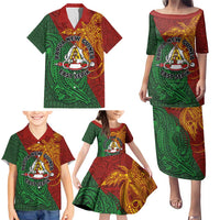 Papua New Guinea East Sepik Province Family Matching Puletasi and Hawaiian Shirt Tribal Crocodile Birds of Paradise Melanesian Tattoo