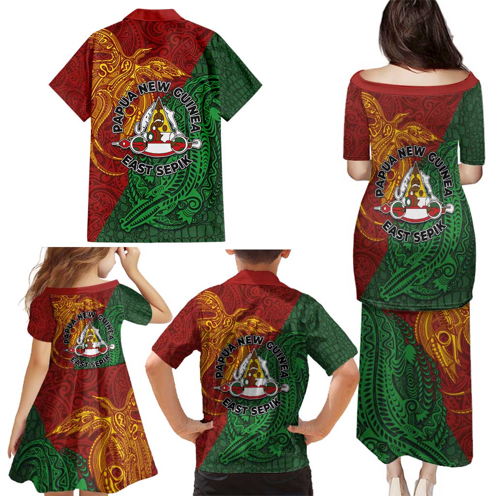 Papua New Guinea East Sepik Province Family Matching Puletasi and Hawaiian Shirt Tribal Crocodile Birds of Paradise Melanesian Tattoo