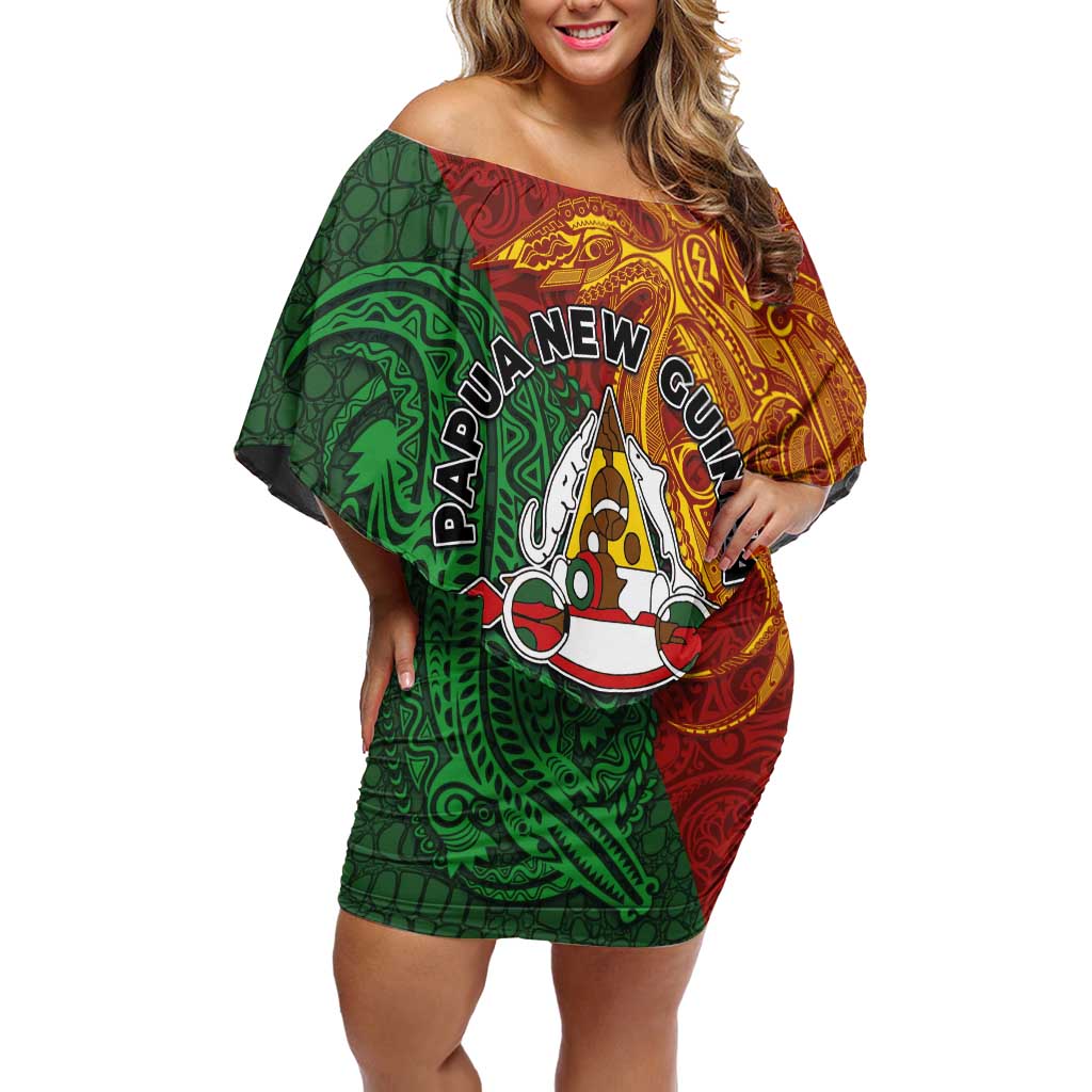 Papua New Guinea East Sepik Province Off Shoulder Short Dress Tribal Crocodile Birds of Paradise Melanesian Tattoo