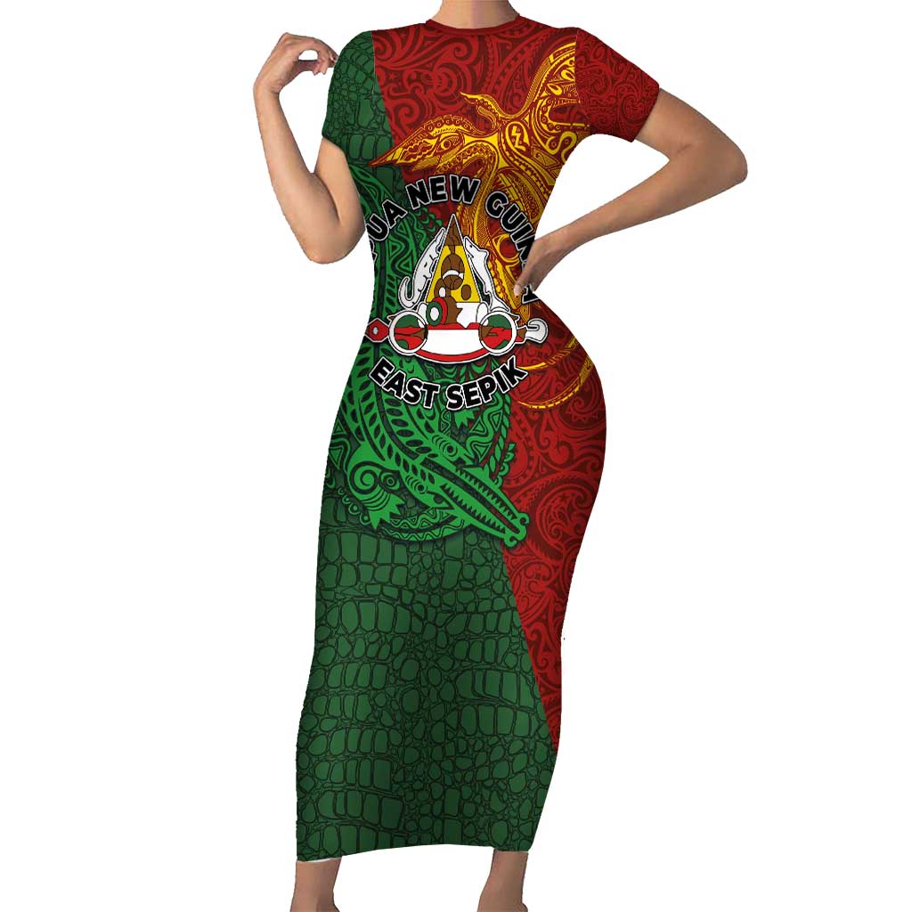 Papua New Guinea East Sepik Province Short Sleeve Bodycon Dress Tribal Crocodile Birds of Paradise Melanesian Tattoo