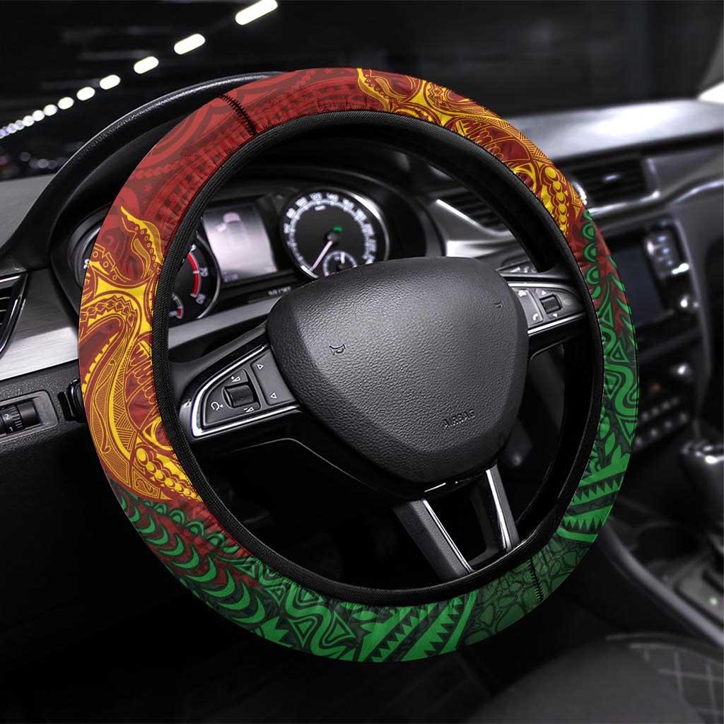 Papua New Guinea East Sepik Province Steering Wheel Cover Tribal Crocodile Birds of Paradise Melanesian Tattoo LT03 Universal Fit Green - Polynesian Pride