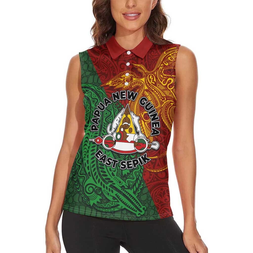 Papua New Guinea East Sepik Province Women Sleeveless Polo Shirt Tribal Crocodile Birds of Paradise Melanesian Tattoo