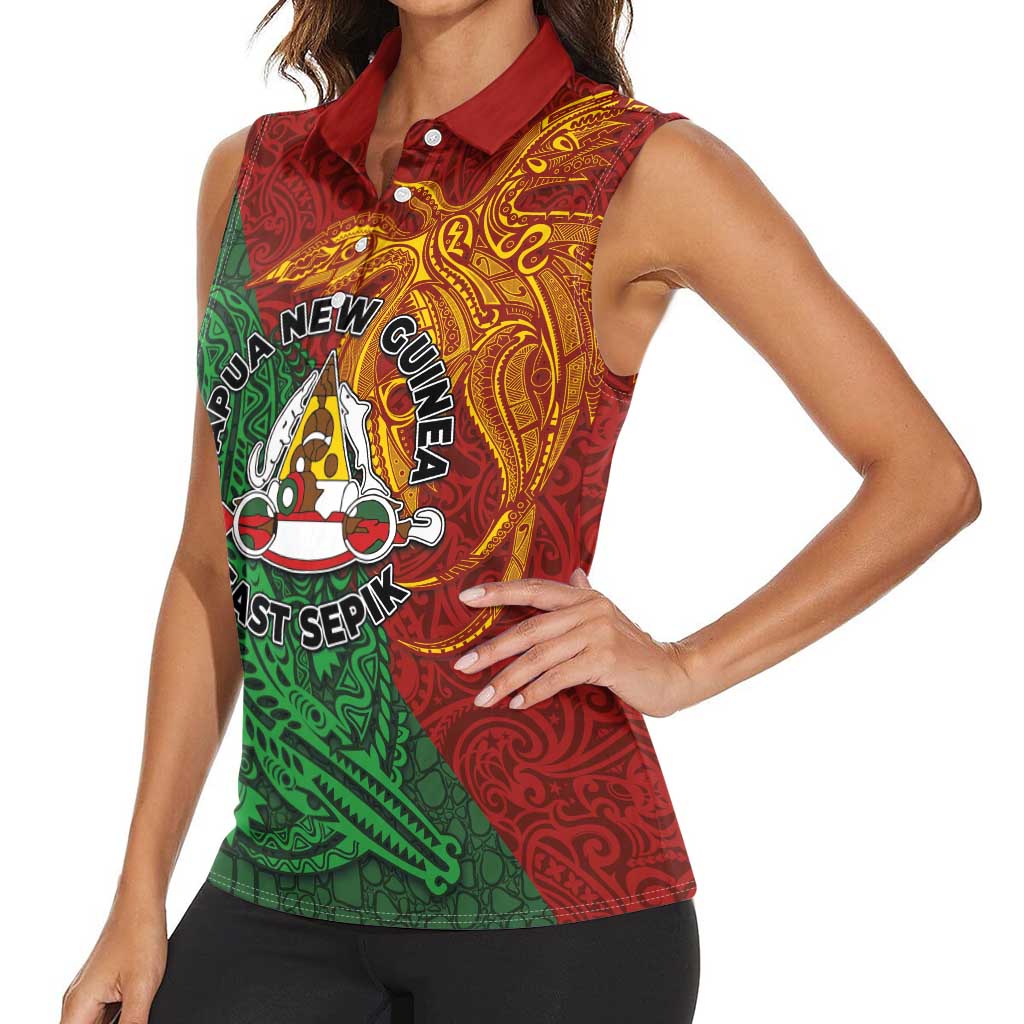 Papua New Guinea East Sepik Province Women Sleeveless Polo Shirt Tribal Crocodile Birds of Paradise Melanesian Tattoo