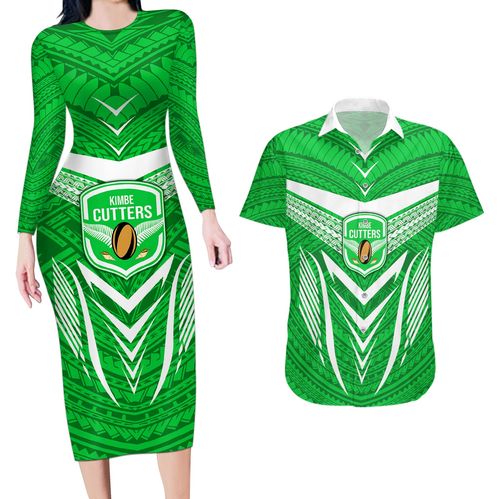 Kimbe Cutters Rugby Couples Matching Long Sleeve Bodycon Dress and Hawaiian Shirt Papua New Guinea Polynesian Tattoo Green Version LT03 Green - Polynesian Pride