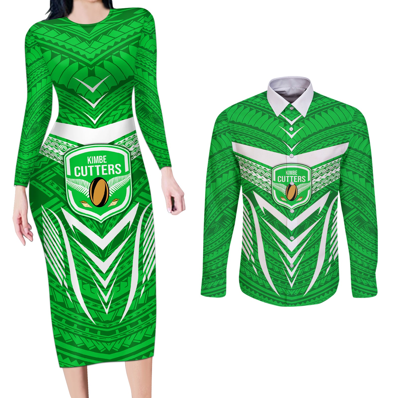 Kimbe Cutters Rugby Couples Matching Long Sleeve Bodycon Dress and Long Sleeve Button Shirts Papua New Guinea Polynesian Tattoo Green Version LT03 Green - Polynesian Pride