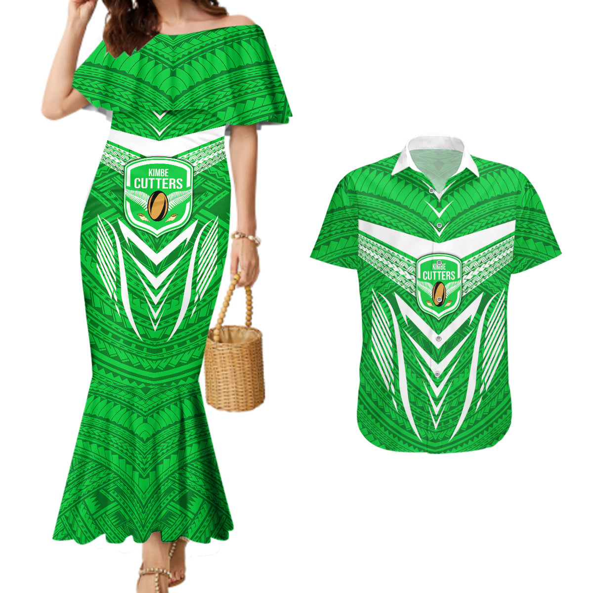 Kimbe Cutters Rugby Couples Matching Mermaid Dress and Hawaiian Shirt Papua New Guinea Polynesian Tattoo Green Version LT03 Green - Polynesian Pride