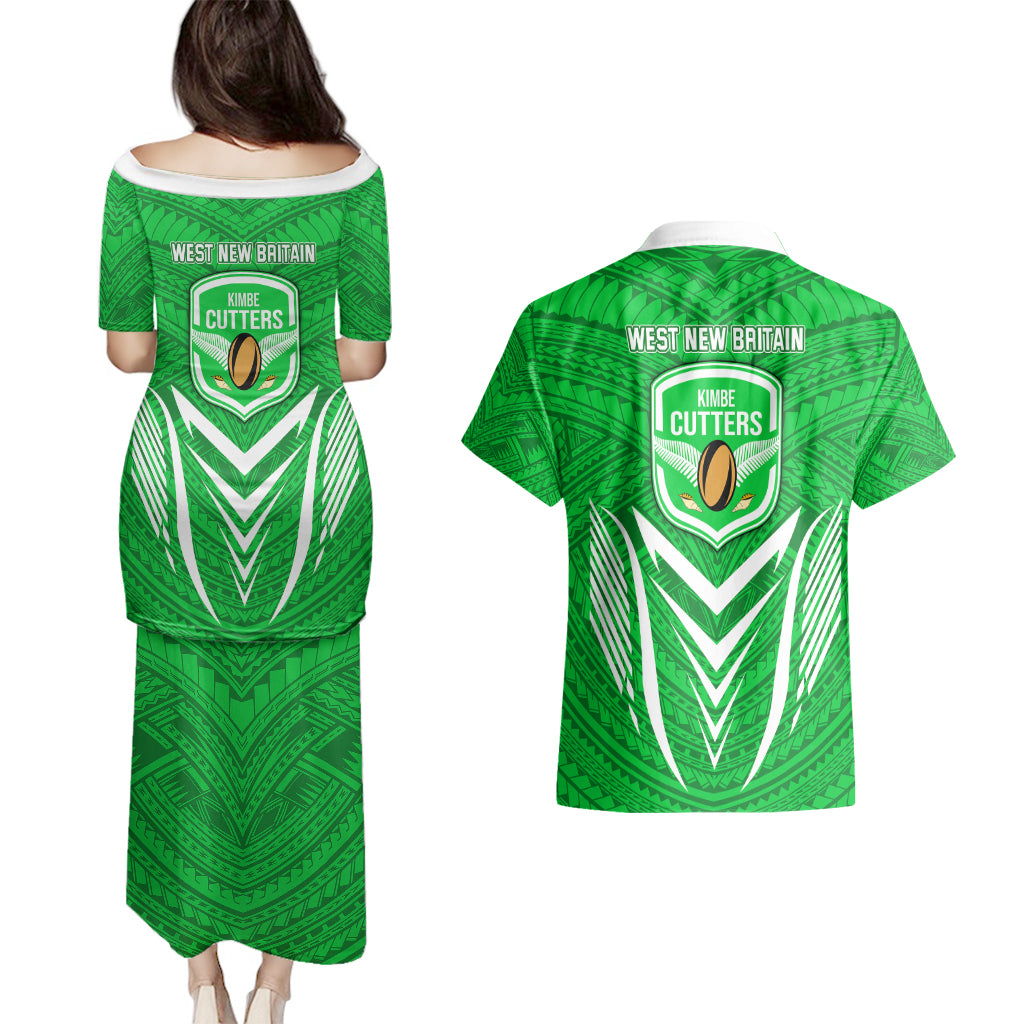 Kimbe Cutters Rugby Couples Matching Puletasi Dress and Hawaiian Shirt Papua New Guinea Polynesian Tattoo Green Version LT03 - Polynesian Pride