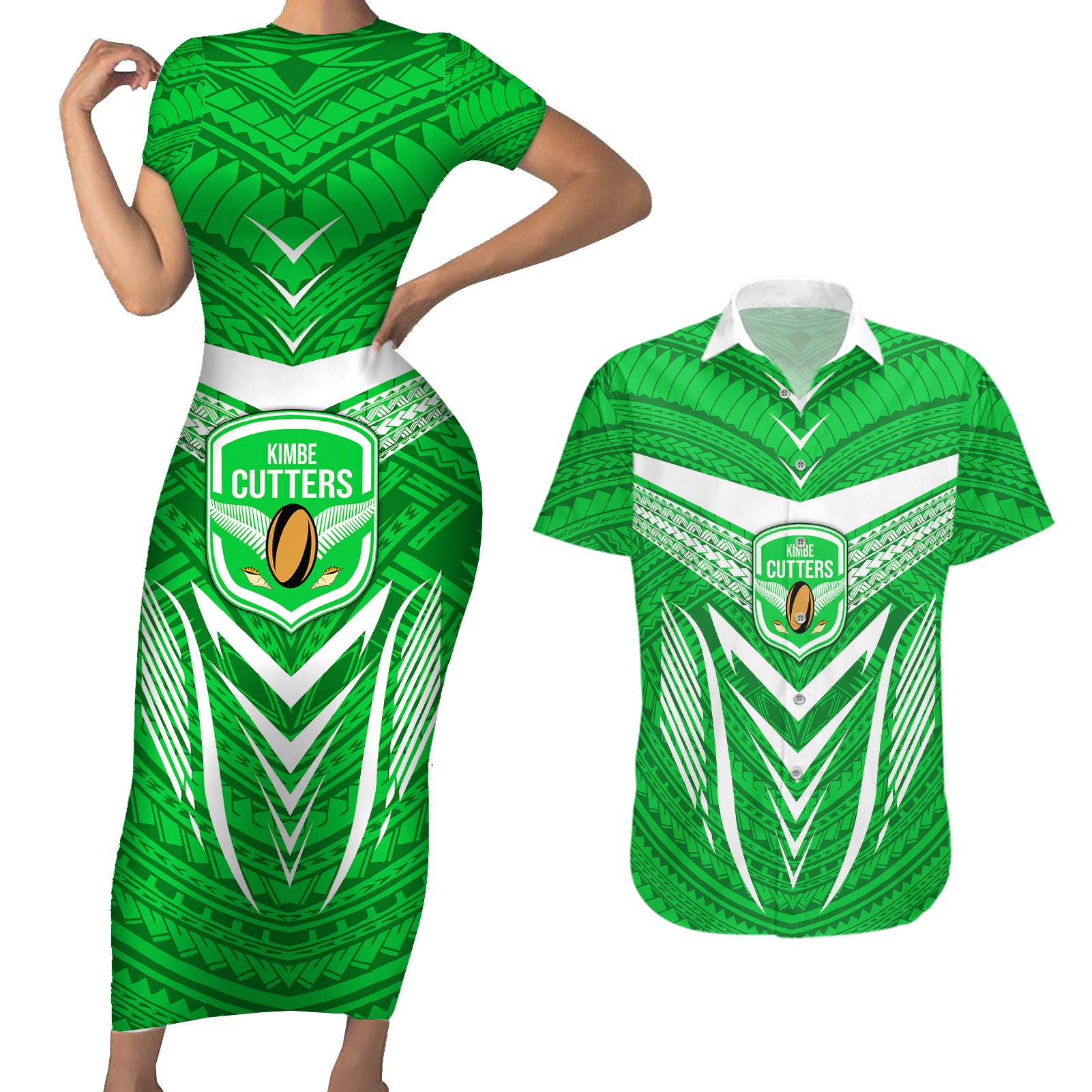 Kimbe Cutters Rugby Couples Matching Short Sleeve Bodycon Dress and Hawaiian Shirt Papua New Guinea Polynesian Tattoo Green Version LT03 Green - Polynesian Pride