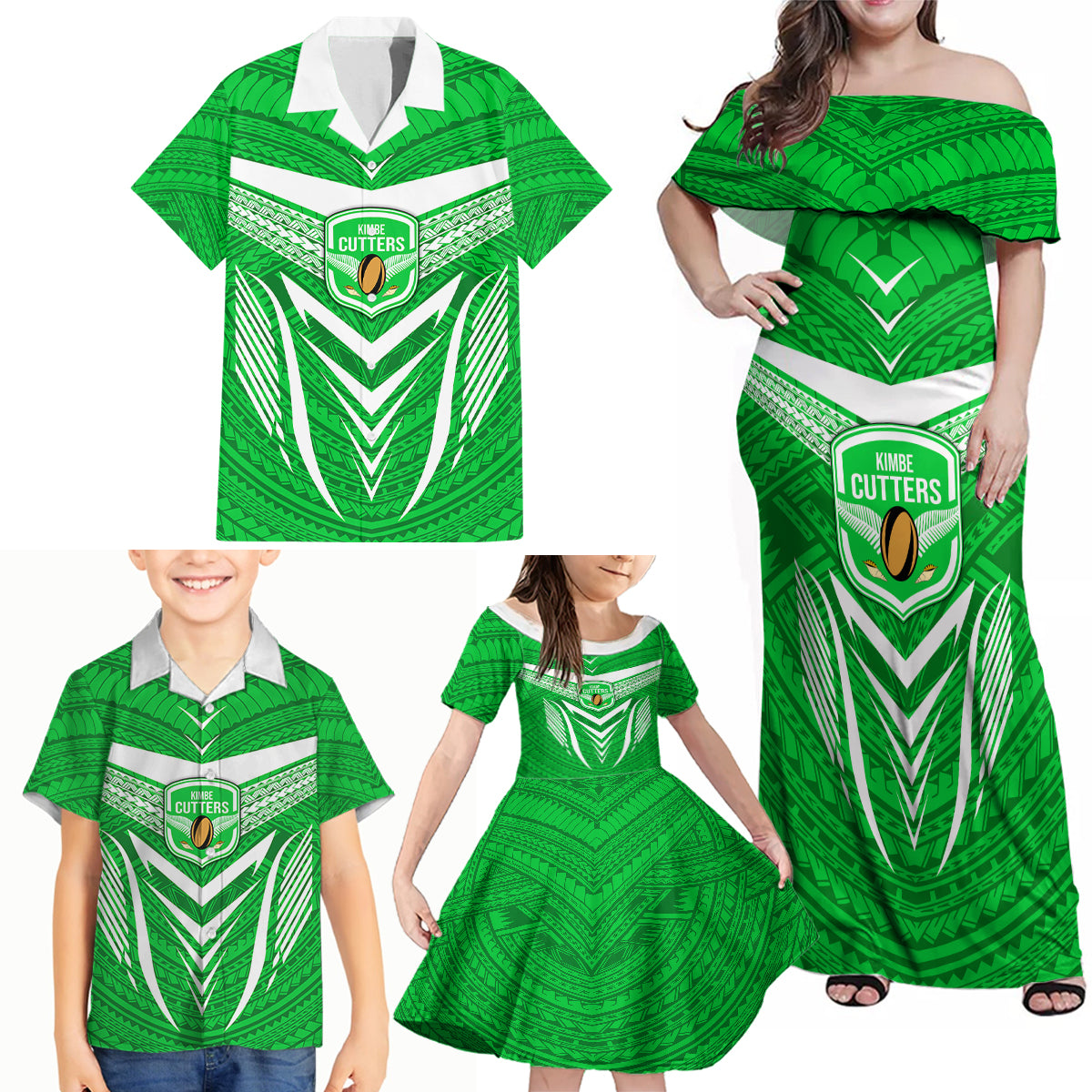 Kimbe Cutters Rugby Family Matching Off Shoulder Maxi Dress and Hawaiian Shirt Papua New Guinea Polynesian Tattoo Green Version LT03 - Polynesian Pride