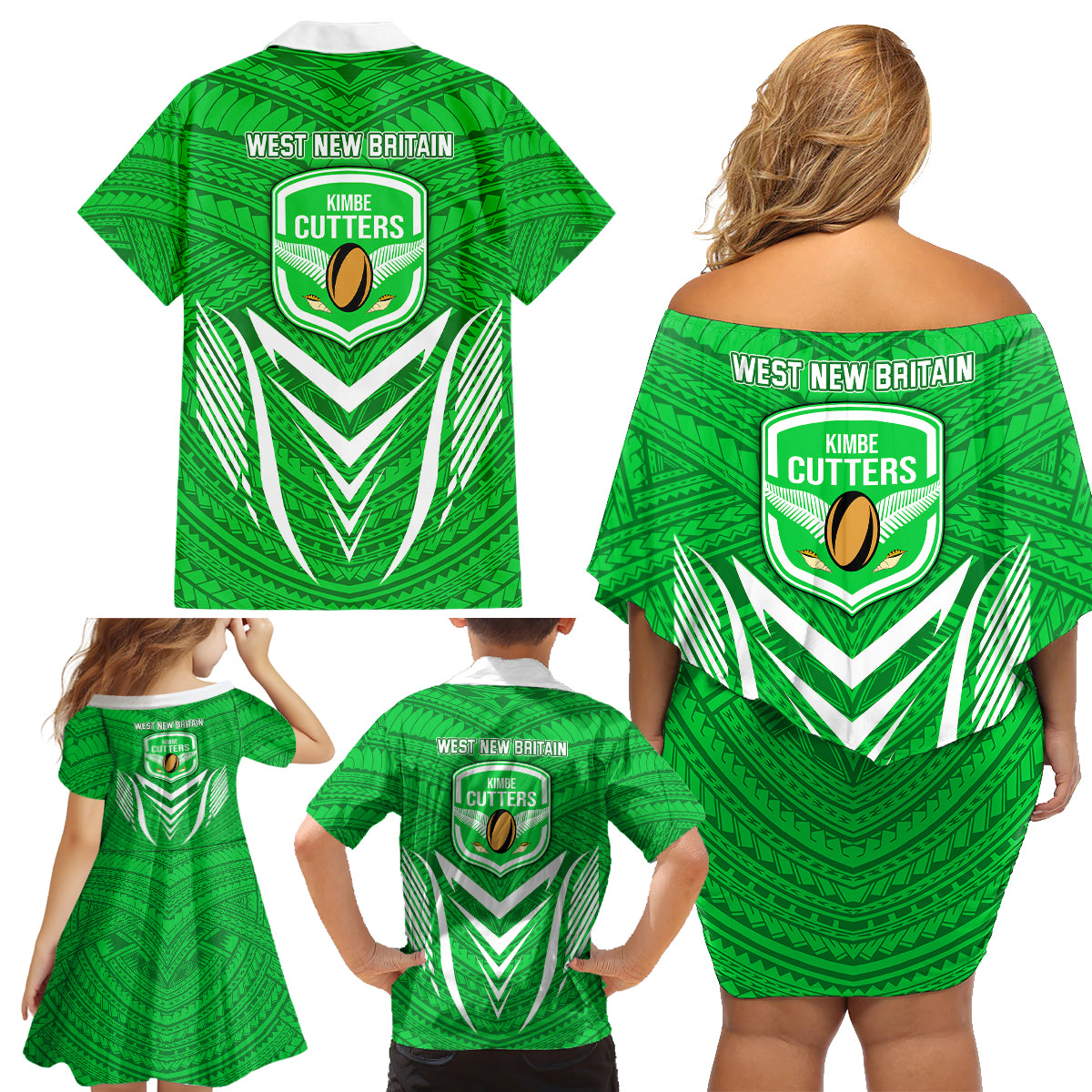 Kimbe Cutters Rugby Family Matching Off Shoulder Short Dress and Hawaiian Shirt Papua New Guinea Polynesian Tattoo Green Version LT03 - Polynesian Pride