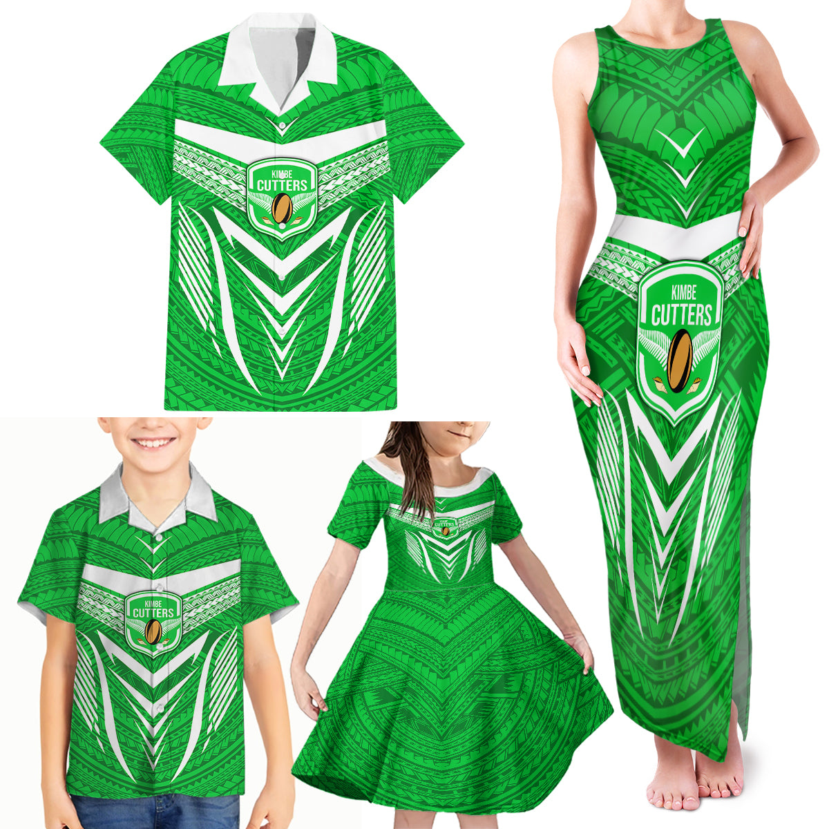 Kimbe Cutters Rugby Family Matching Tank Maxi Dress and Hawaiian Shirt Papua New Guinea Polynesian Tattoo Green Version LT03 - Polynesian Pride