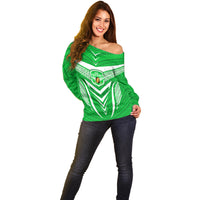 Kimbe Cutters Rugby Off Shoulder Sweater Papua New Guinea Polynesian Tattoo Green Version LT03 - Polynesian Pride