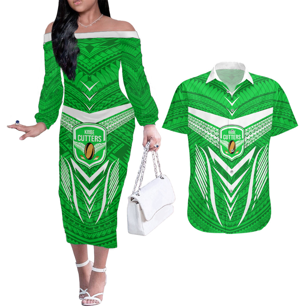 Custom Kimbe Cutters Rugby Couples Matching Off The Shoulder Long Sleeve Dress and Hawaiian Shirt Papua New Guinea Polynesian Tattoo Green Version LT03 Green - Polynesian Pride